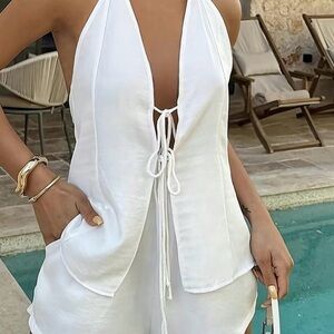 White Halter Tie-Front Set